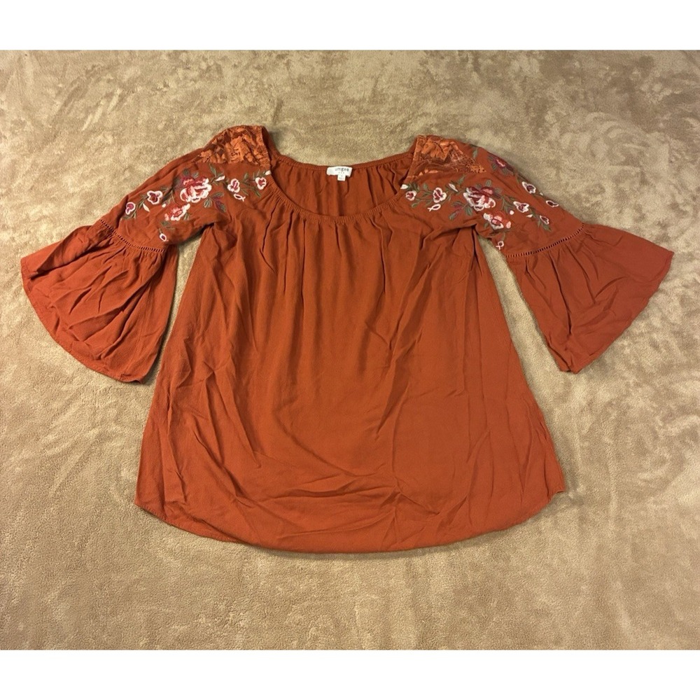 Umgee Womens Rust Orange Embroidered Bell Sleeve Boho Peasant Blouse Top Small